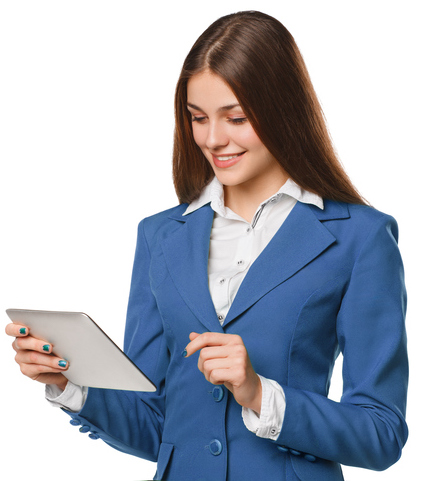 Smiling girl in suit using tablet. Woman with tablet pc